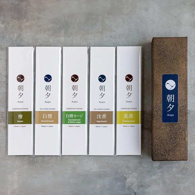 Asayu Japan Incense Sticks Assortment - 5 Natural Fragrances, 20g, 100% Made in Japan Incense Sampler Variety Pack - for Yoga, Zen Meditation & Relaxation