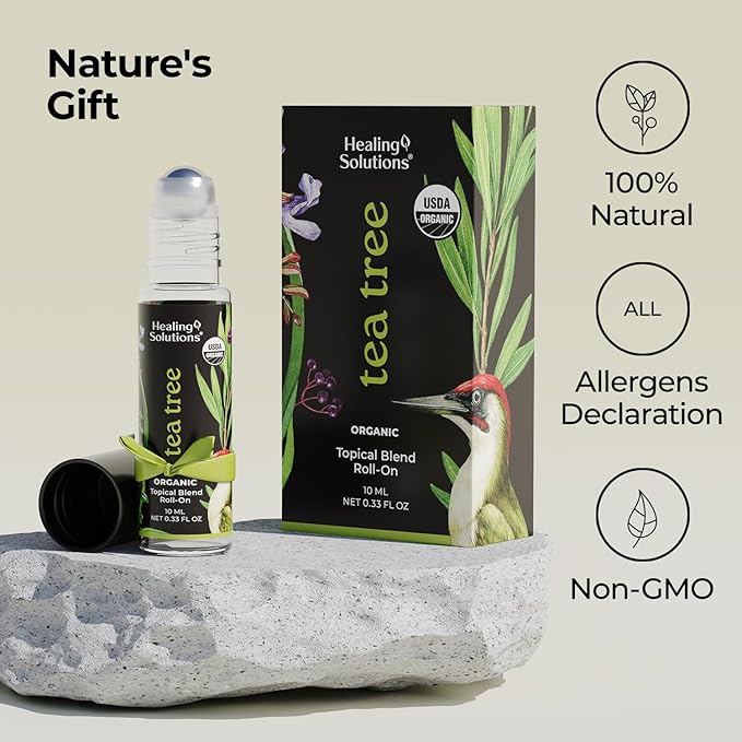 Healing Solutions (2 Pack) USDA Certified Organic Tea Tree Essential Oil Roll-On for Sleep & Skin - Body Oil Topical Applicator
