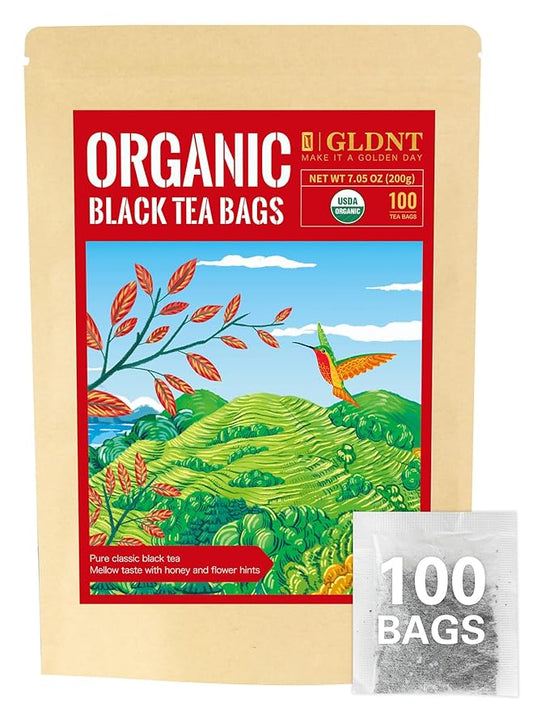 GLDNT Organic Black Tea Bags, Natural Organic Black Tea, Smooth & Mellow Flavor, Caffeinated, Hot & Iced Tea, 100 Count