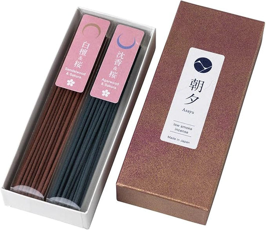 Asayu Japan Low Smoke Incense Sticks - Sakura Set (Sandalwood-Sakura + Agarwood-Sakura), 40gr (Each Scent 20g), for Yoga, Zen Meditation and Relaxation - Smokeless for Less Irritation