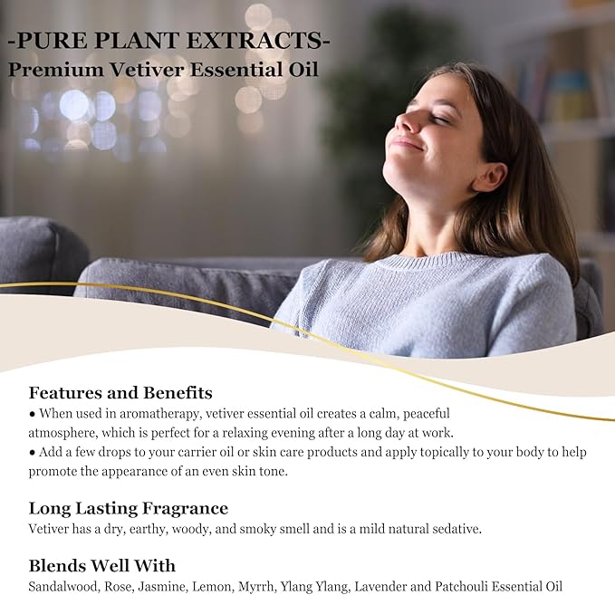 EUQEE Vetiver Essential Oil 4oz/118ML Large Bottle Vetiver Oil Premium Essential Oil for Candle Making, Humidifier, Diffusers - with Glass Dropper