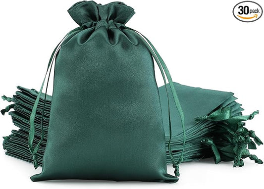 Green Satin Bags with Drawstring, 30Pcs 4x6 Small Gift Bags, For Kids Classroom, Wedding, Birthday, or Halloween Party, Rubics Cube, Candy, Dice, Coin, for Small Business