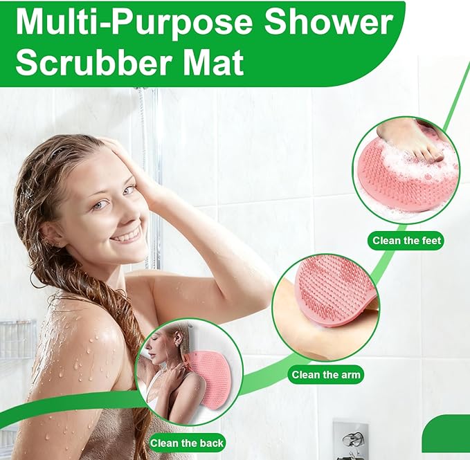 Shower Foot Scrubber Mat with Non-Slip Suction Cups, Back Exfoliating Bath Wash Pad and Massager for Deep Cleaning and Relaxation, Wall Mounted Foot Scrubber Cleaner for Men and Women,Pink