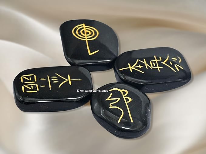 Amazing Gemstone Black Agate Crystal Reiki Stones with Engraved Symbols for Usui Reiki Healing, Set of 4 Pcs (Indian Handmade Reiki Gift Set)