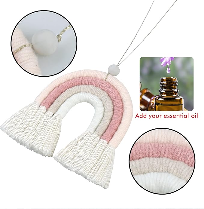 BOHO GARDEN Macrame Bohemian Rainbow Charm - Essential Oil Diffuser for Cars, Baby Nursery, Children’s Bedroom & Home Decor- Colorful Decorative Hanging Air Freshener & Accessories - 3.5x4 - Lychee