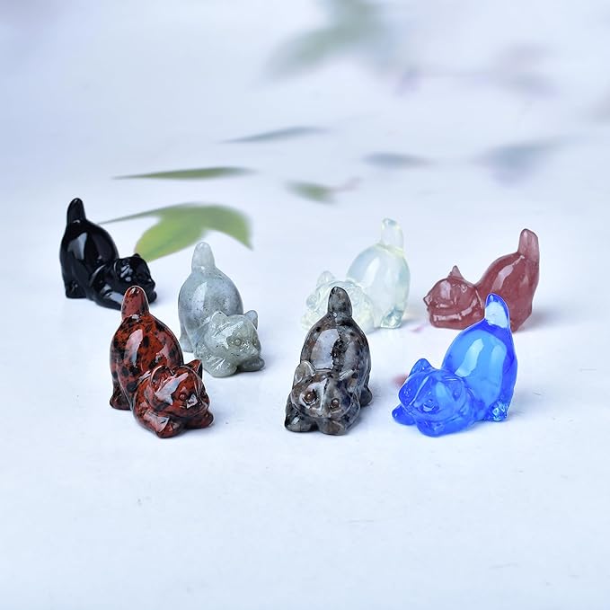 Moonstone Cat Crystal Statue Healing Crystal Reiki Meditation Pocket Gem Guardian Sculpture Home Study Table Desk Decor Collection Gift for Loved Ones