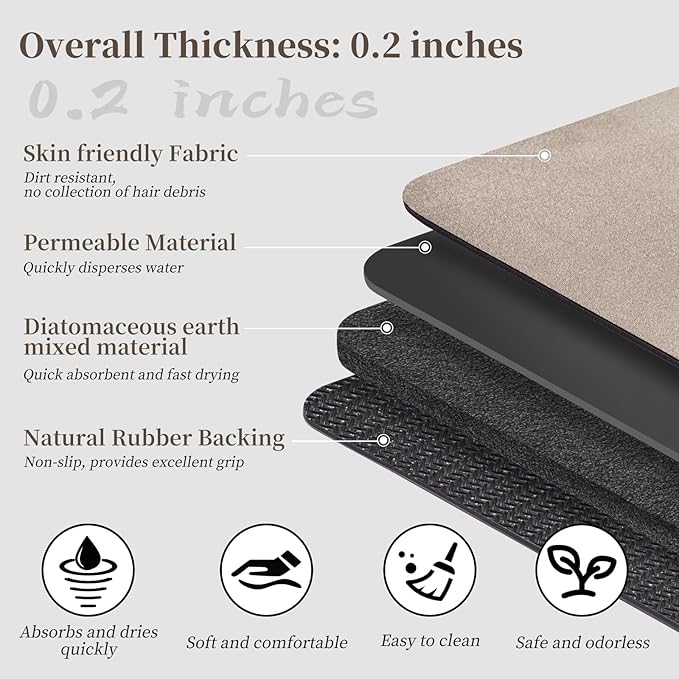 Bath Mat Rugs 24x17 - Diatomaceous Earth Bath Mat Quick Dry Absorbing Bathroom Rugs Rubber Non Slip Thin Bathroom Mat Fit Under Door, Bath Mats for Bathroom Floor, Tub and Shower, Sink, Taupe