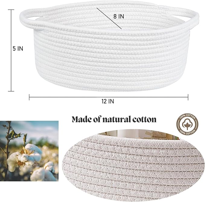 2 Pack Small Woven Storage Basket with Handles 12"x8"x5", Decorative Rope Bin for Home Organization, Shelf Storage,Cotton Rope Room Shelf Storage Basket with Handles