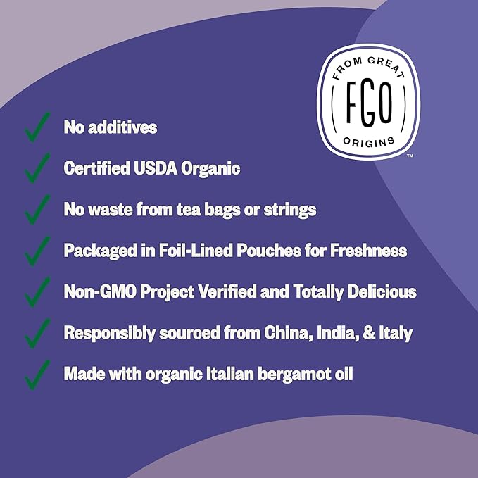 FGO Organic Earl Grey Black Tea, 16 Ounce Loose Leaf Bulk Resealable Bag, 16oz, Packaging May Vary (Pack of 1)