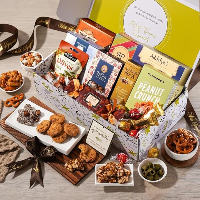 Broadway Basketeers Sympathy Gift Box - Deluxe Gourmet Delight - Kosher Sympathy Food Baskets for Delivery - Care Package Box of Assorted Snacks for Bereavement, Loss, Funeral, or Shiva