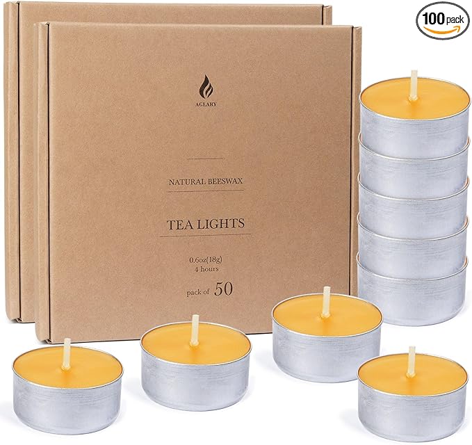 100-Pack Pure Beeswax Tealight Candles in Aluminum Cups - 4-5 Hour Burn Time, Lead-Free Cotton Wick, Natural Unscented Candles