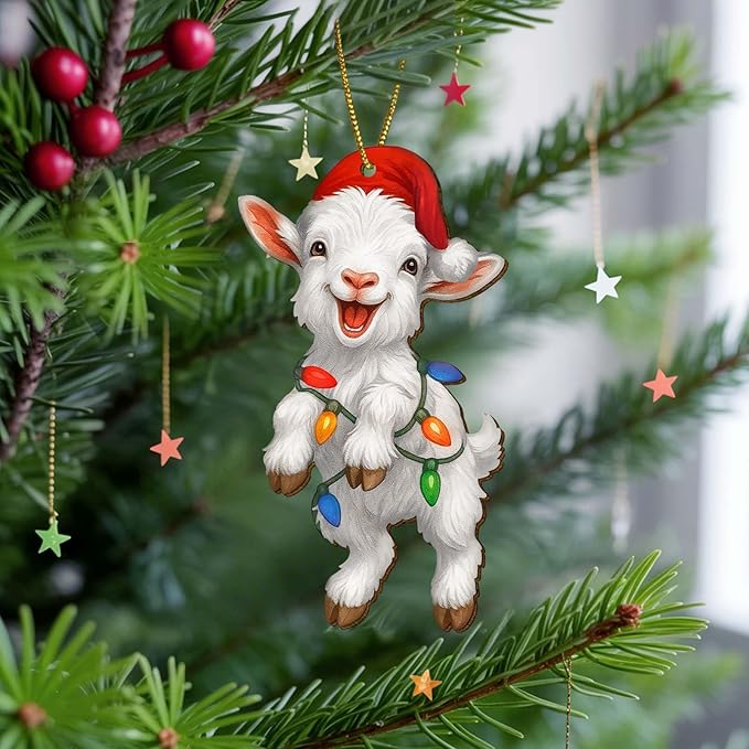 2 Side Printed Flat Christmas Wooden Ornaments, Animal Keepsake Hanging Tree Decoration, Cute Goat Ornament