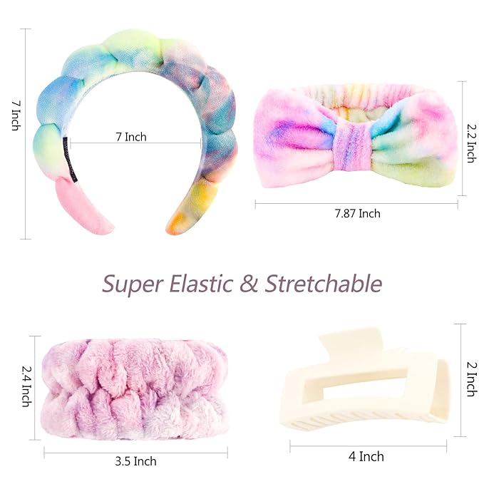 VELSCRUN Spa Headband, Makeup Face Wash Skincare Headbands, 5 Pcs Deep Colorful Sponge Bow Tie Get Ready HairBand Facial Wristband Hair Clips Set, Stuff for Teen Girls Women Trendy Hair Accessories