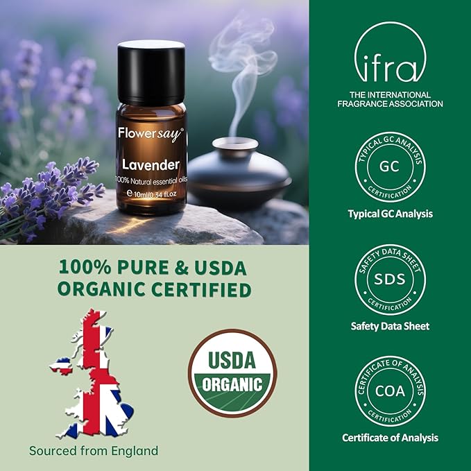 Organic Lavender Essential Oil – Calming Floral Scent, 100% Pure Natural Aromatherapy Oil for Diffuser, Skin, Hair, Sleep & Candle Making – 10ml (0.34 Fl Oz)