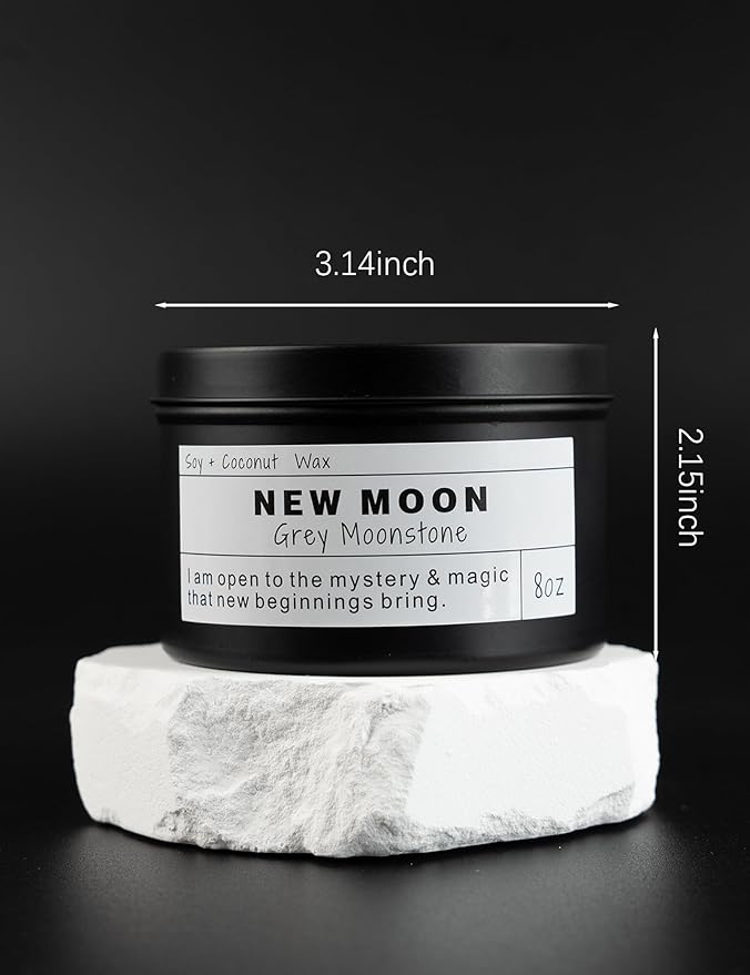 New Moon Gray Moonstone New Beginnings Ritual Energy Gift Grounding Manifestation Intention De-Stress Good Fortune Success Protection Meditation Magic Hande Made Candle(8oz).