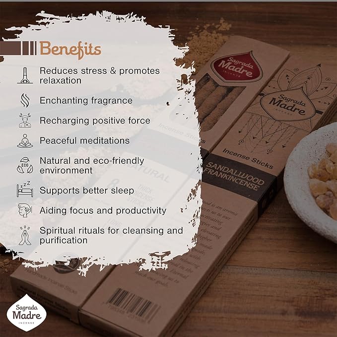 8 pcs Wildly Harvested Thick - Natural Sandalwood Olibanum Incense Sticks, 9” Long - Eco Friendly, Incense Sticks (1hr Burning Time) to Heal & Purify Your Body and Surroundings