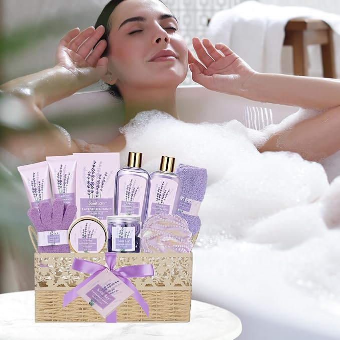 Bath and Body Gift Basket Set for Women - LAVENDER & HONEY Christmas Gifts for Women, Spa Large Beauty Personal Care Set, Home-spa Pampering Package for Mother day, Spa Bridal Shower Kit