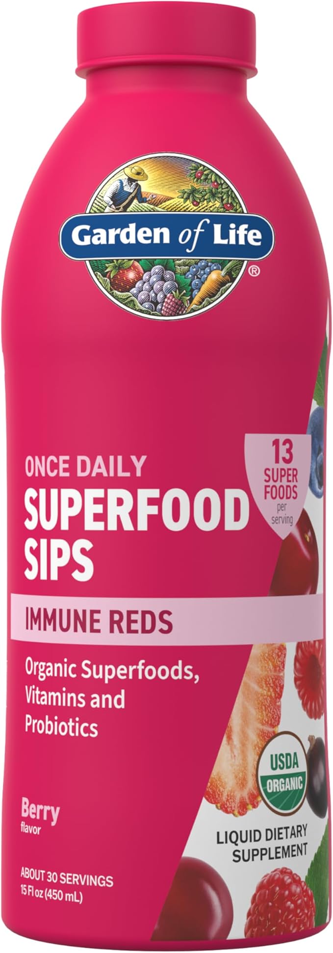 Garden of Life Superfoods Sips, 30 Servings, Vitamins, Probiotics, 13 Organic Superfoods, Functional Mushrooms, Immune Reds, Once Daily, Organic, Vegan, Preservative-Free, Berry Flavor