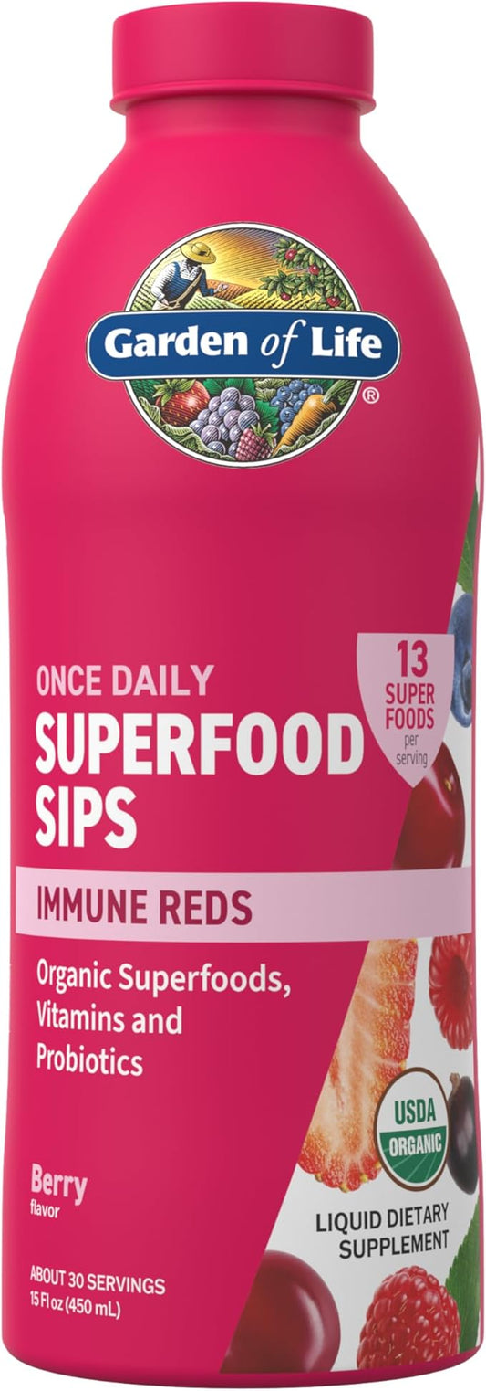 Garden of Life Superfoods Sips, 30 Servings, Vitamins, Probiotics, 13 Organic Superfoods, Functional Mushrooms, Immune Reds, Once Daily, Organic, Vegan, Preservative-Free, Berry Flavor