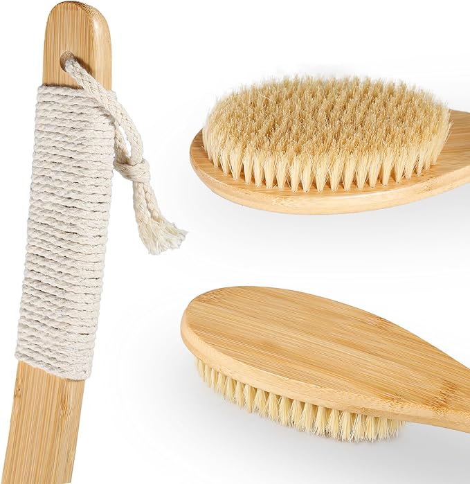 Bath Body Brush Shower, 22" Super Long Curved Bamboo Handle Antiskid Back Body Scrubber Wet/Dry Brushing, Moderately Soft Natural Bristle Body Brush for Showering