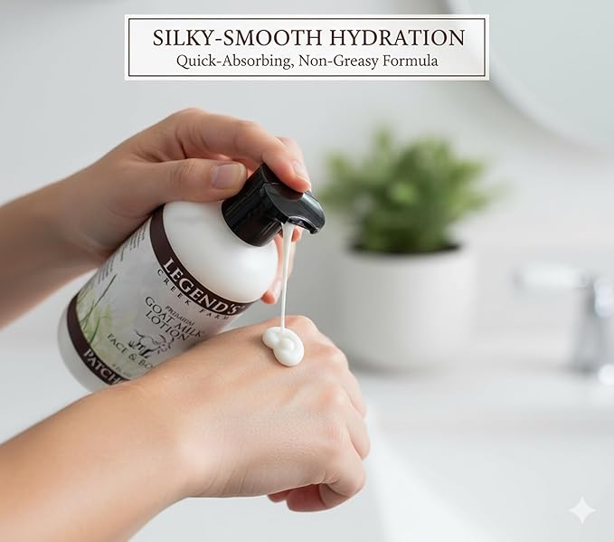 Legend's Creek Farm Goat Milk Lotion - Deeply Moisturizing Goat Milk Body Lotion for Body, Hand & Face - 9 oz Body Moisturizer with Shea Butter, Sunflower Oil, Aloe, Handmade in USA (Patchouli L.)