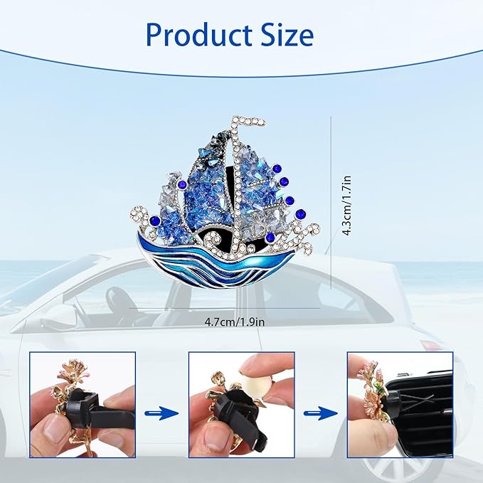 Coastal Car Decor,Sailboat Car Air Vent Freshener Clips,Crystal Blue Nautical Diffuser Charm for Women Sailor Seaman,Glitter Ocean Wave Decoration Gift