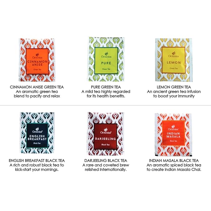 Octavius Tea Variety Pack – 25 Teabags | 6 Assorted Black & Green Teas | Premium Tea Sampler Box | Refreshing & Aromatic | Pack of 1