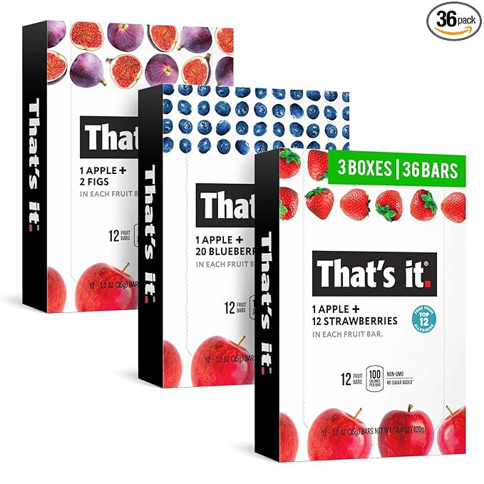 That’s it. Variety, 100% Natural Real Fruit Bar, High Fiber Vegan, Gluten Free Healthy Snack, Paleo for Children & Adults, Non GMO No Added Sugar (Blueberry, Strawberry, Fig) (36 Pack)