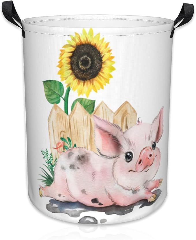 Laundry Basket Cute Pig with Sunflower Laundry Hamper Large Laundry Basket Storage Basket Tote Bag Collapsible Organizer Basket for Bathroom,Laundry,Bedroom 17.3 x16.5 Inch
