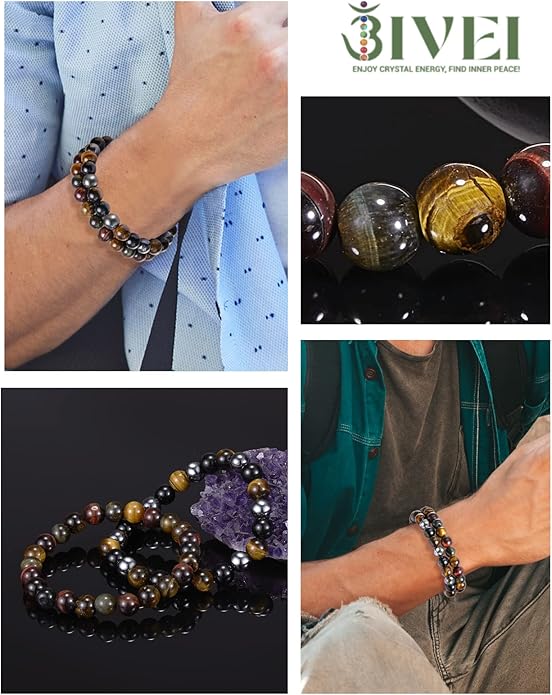 Bivei Natural Gemstone Semi Precious Healing Crystals Handmade Stretchy Round Beads Bracelet, Enhance Positive Energy