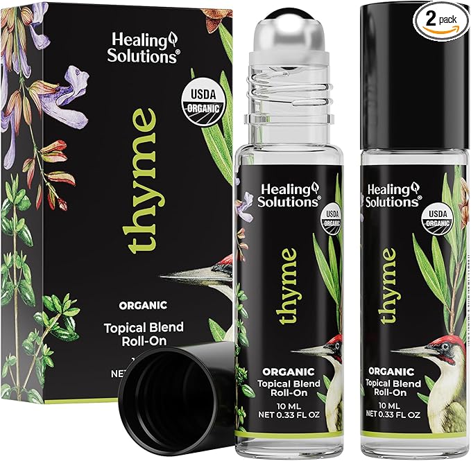 Healing Solutions (2 Pack) USDA Certified Organic Thyme Essential Oil Roll-On for Perfume, Body & Skin - Organic Thyme Oil Aromatherapy Roller