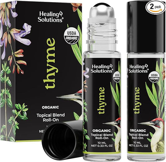 Healing Solutions (2 Pack) USDA Certified Organic Thyme Essential Oil Roll-On for Perfume, Body & Skin - Organic Thyme Oil Aromatherapy Roller