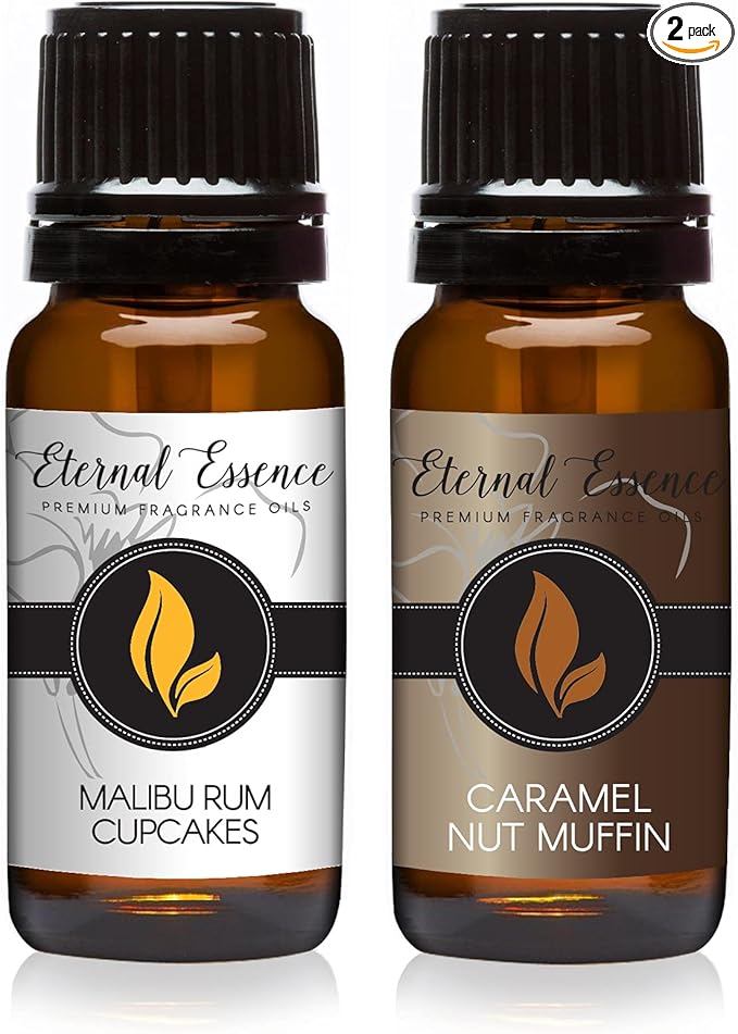 Eternal Essence Oils 2 Pack 10ml Premium Fragrance Oil - Malibu Rum Cupcakes & Caramel Nut Muffin - for Candle, Soap Making, Aromatherapy, Diffusers, Home Care, & Humidifiers