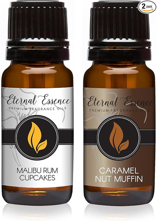 Eternal Essence Oils 2 Pack 10ml Premium Fragrance Oil - Malibu Rum Cupcakes & Caramel Nut Muffin - for Candle, Soap Making, Aromatherapy, Diffusers, Home Care, & Humidifiers