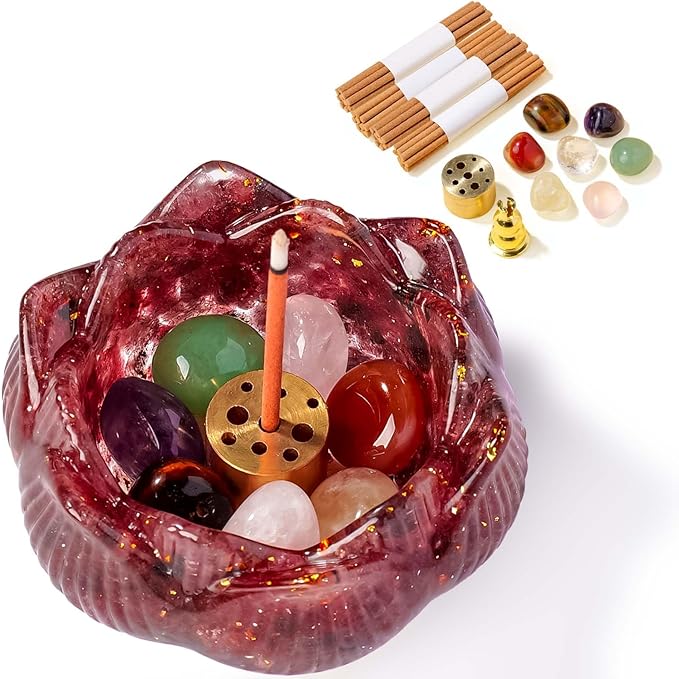 Incense Holder Burner with 40 Incense Sticks Resin Crystal Lotus Flower Incense Holder for Inserting Incense Removable Ash Collector for Meditation Room and Home Decor (Strawberry Quartz, 3.15")