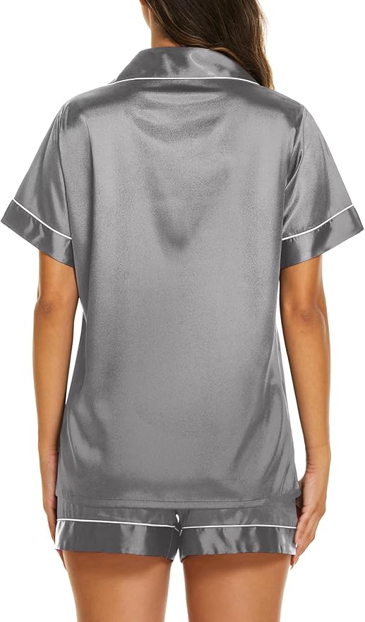 Ekouaer Silk Pajamas for Women Short Sleeve Sleepwear Soft Button Down Loungewear 2 Piece Satin Pjs Shorts Set S-XXL