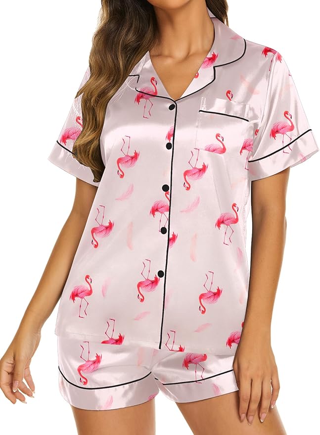 Ekouaer Silk Pajamas for Women Short Sleeve Sleepwear Soft Button Down Loungewear 2 Piece Satin Pjs Shorts Set S-XXL