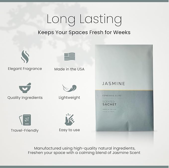 Expressive Scented Sachet Pouches – Perfect Jasmine Air Freshener & Closet Deodorizer for Drawers, Closets, Cars and Bathrooms – Long-Lasting Fresh Scent Sachets (6- Pack)