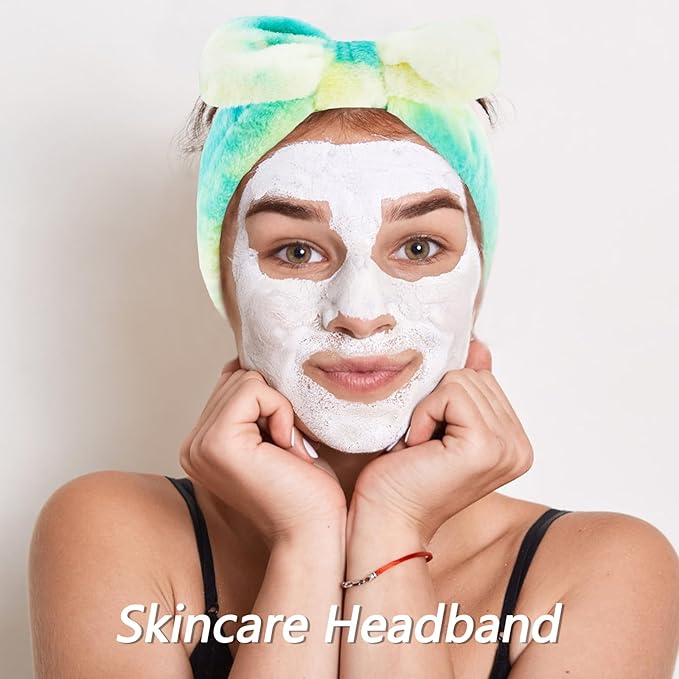 VELSCRUN Spa Headband, Makeup Face Wash Skincare Headbands, 6 Pcs Green Colorful Sponge Bow Tie Get Ready HairBand Facial Wristband Set, Stuff for Teen Girls Women Trendy Fashion Hair Accessories