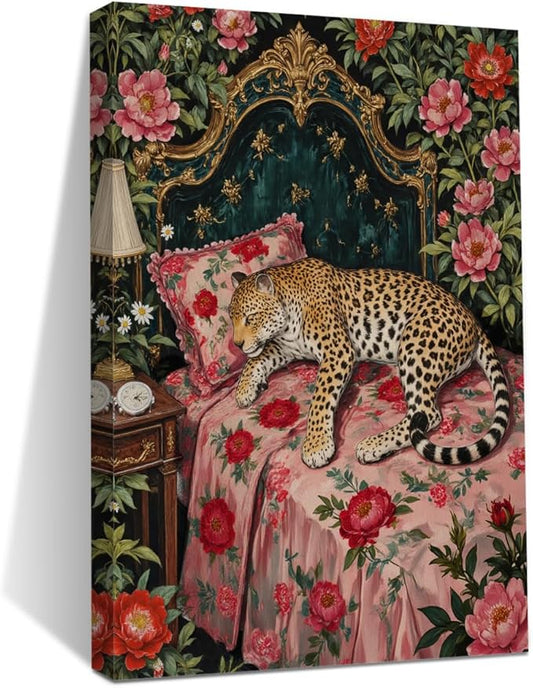 Leopard in Bed Wall Art, Mid Century Vantage Animal Portrait Oil Painting Canvas Framed Prints Modern Decorations, Maximalist Leopard Poster for Bedroom Living Room Entryway Aesthetic
