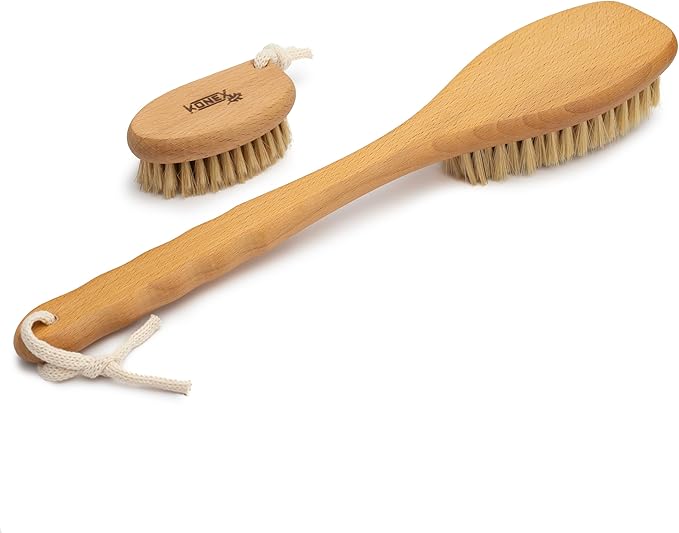 KONEX Bath Brush Set, Exfoliating Shower Scrubber, Dry Brushing Body Brush Set, Pore Opening, Beechwood Handle with Natural Bristle Large 15" Plus Small Face Brush