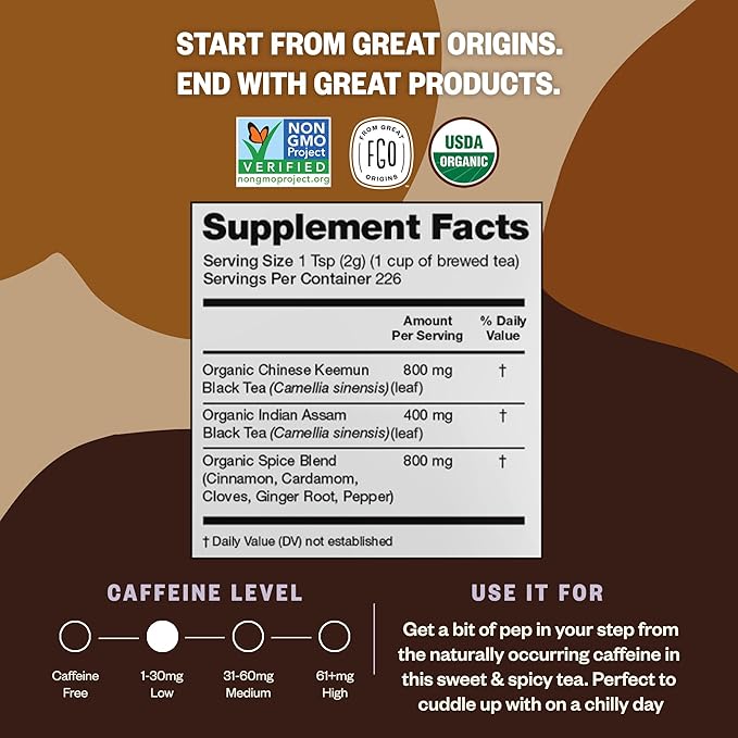 FGO Organic Chai Tea, 4 Ounce Loose Leaf, Resealable Bag, Packaging May Vary (Pack of 1)