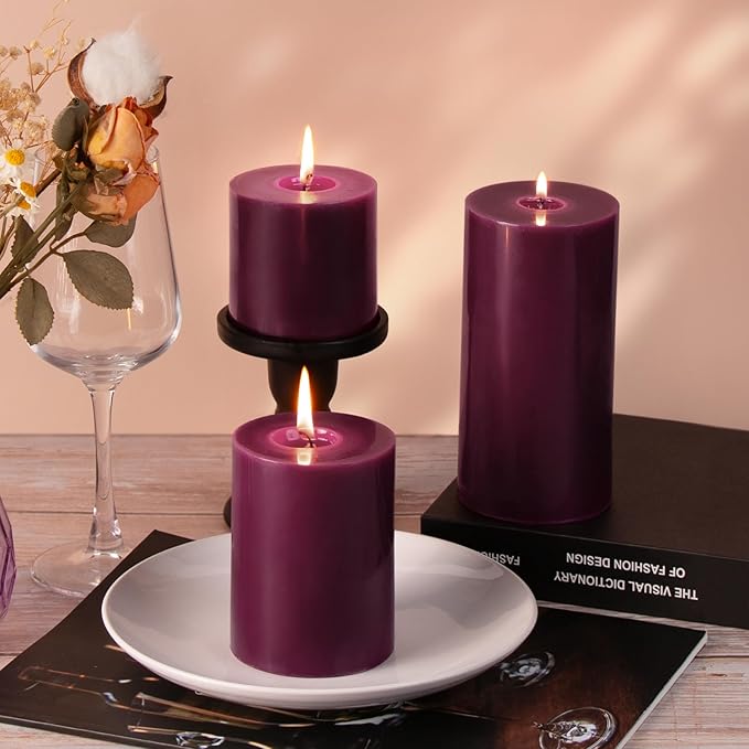 KONNI Purple Pillar Candles Set of 3, 3"x 6" Unscented Pillar Candles Bulk, 56 Hours Long Burning Candles, Smokeless&Dripless Large Round Candle for Wedding, Home Decoration, Parties, Spas, Dinner