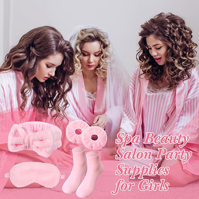 30 Pcs Spa Party Favors Sleepover Party Supplies Include 6 Bow Headbands 6 Eye Masks 6 Pink Socks 6 Scrunchies 6 Organza Bags for Girls Women Slumber Spa Birthday Bachelorette Pajama Gifts