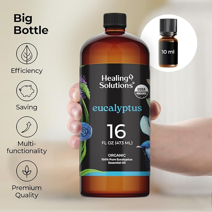 Healing Solutions Organic Eucalyptus Oil, Bulk 16oz - Natural Eucalyptus Scent - Large Bottle for Diffuser, Spray & More