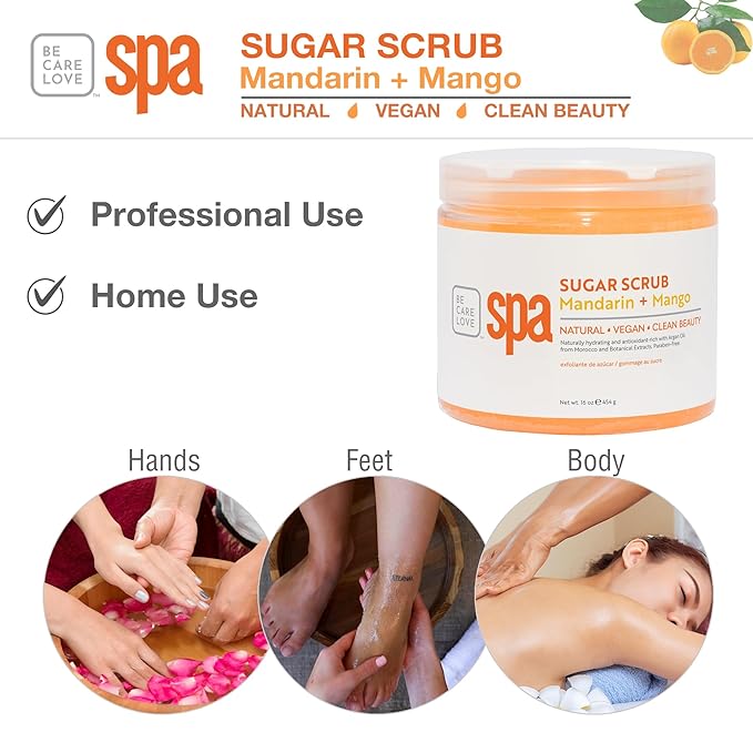 Be Care Love Spa Sugar Scrub Mandarin + Mango, natural, vegan and clean beauty 16 Oz Made in USA