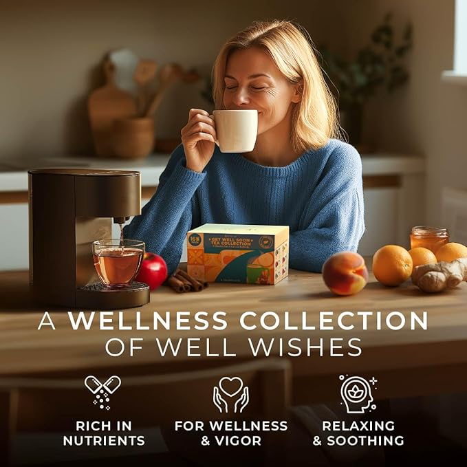 Gya Tea Co Get Well Soon Collection Tea Gift Set (16 ct) - 7 Flavors Assorted Tea Pod Variety Pack with Hibiscus Rose, Cinnamon & Ginger Peach