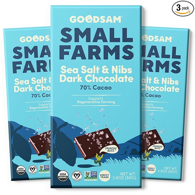 GoodSAM Organic Sea Salt & Nibs 70% Dark Chocolate (Pack of 3) - Non GMO, Vegan, Regenerative Farming, Direct Trade