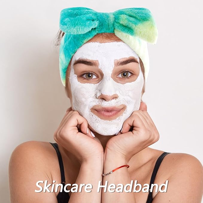 VELSCRUN Spa Headband, Makeup Face Wash Skincare Headbands, 5 Pcs Green Colorful Sponge Bow Tie Get Ready HairBand Facial Wristband Hair Clips Set, Stuff for Teen Girls Women Trendy Hair Accessories