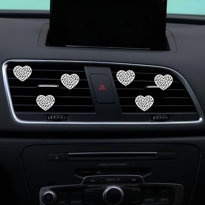 6 Pcs Heart Air Vent Clips, Cute Heart Car Air Fresheners Vents Clips Funny Cars Diffuser Vent Clips Cars Interior Decor Charm Cute Car Accessories,Decoration for Women Automotive (White Leopard)